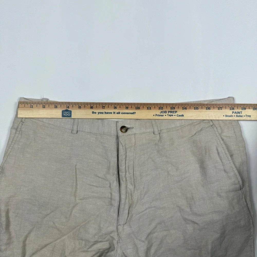 Perry Ellis Mens 36/30 Linen Cotton Herringbone Dress Pants Beige Tan Slacks